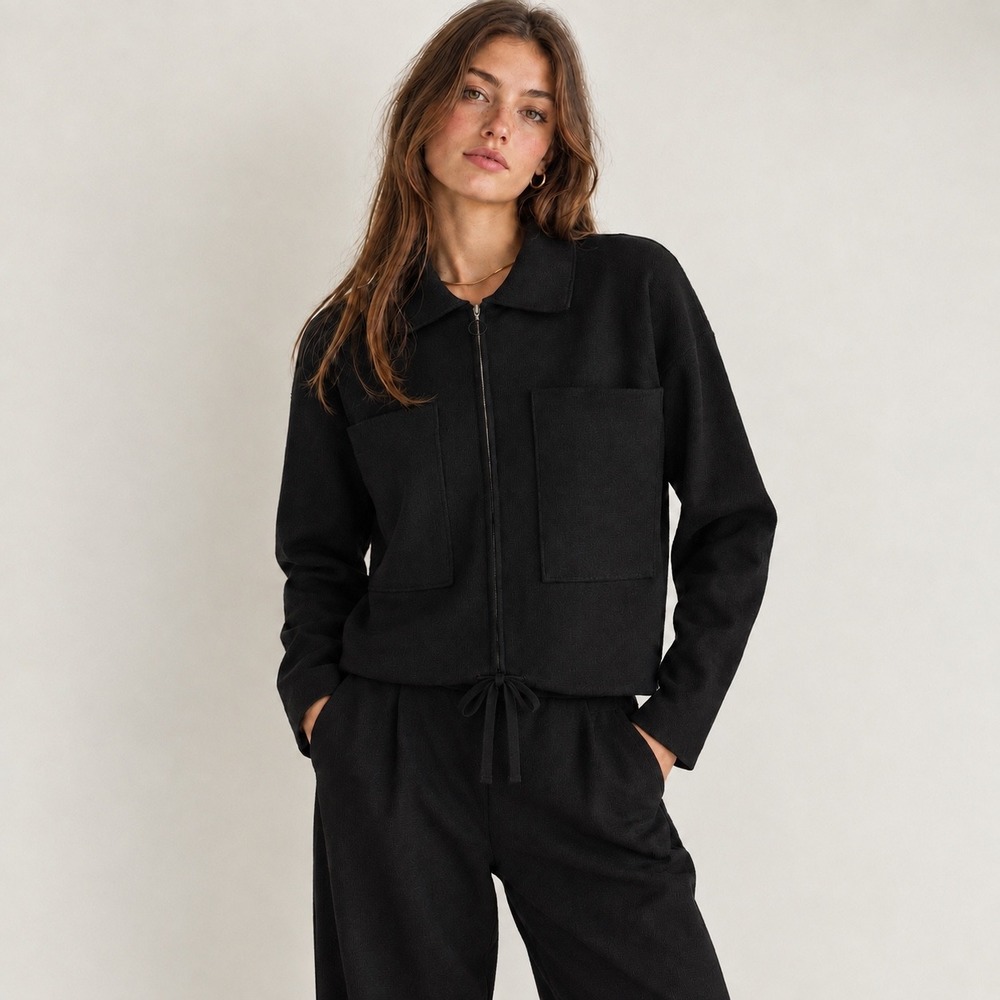 All:Row Black Flor Knit Zip Up Jacket Utility Clean Girl Streetwear Women's L